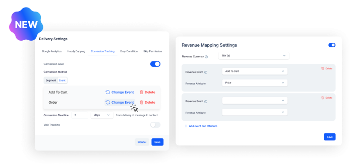 D•engage's enhanced conversion tracking and revenue mapping settings. The interface shows options for selecting multiple conversion events such as 'Add to Cart' and 'Order,' mapping revenue to specific events, and defining conversion deadlines for better campaign performance tracking.