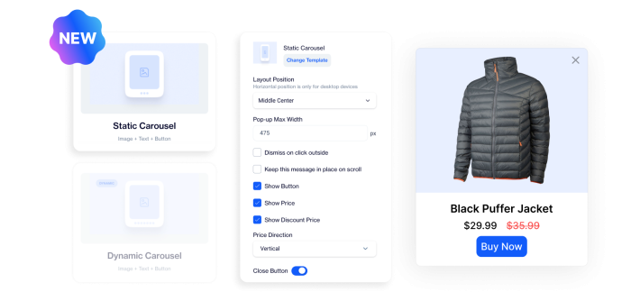 D•engage's new static carousel feature for on-site product displays. The image shows a customizable interface for adjusting layout position, button visibility, and discount pricing, along with an example product box featuring a Black Puffer Jacket with a discounted price and 'Buy Now' button.