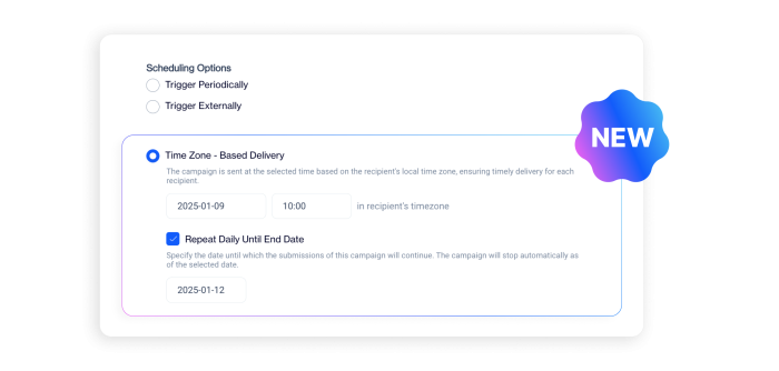 D•engage's time-zone based delivery feature for scheduled campaigns. The interface displays scheduling options where users can set a delivery time based on the recipient’s local timezone, with a repeat daily option for continuous engagement.